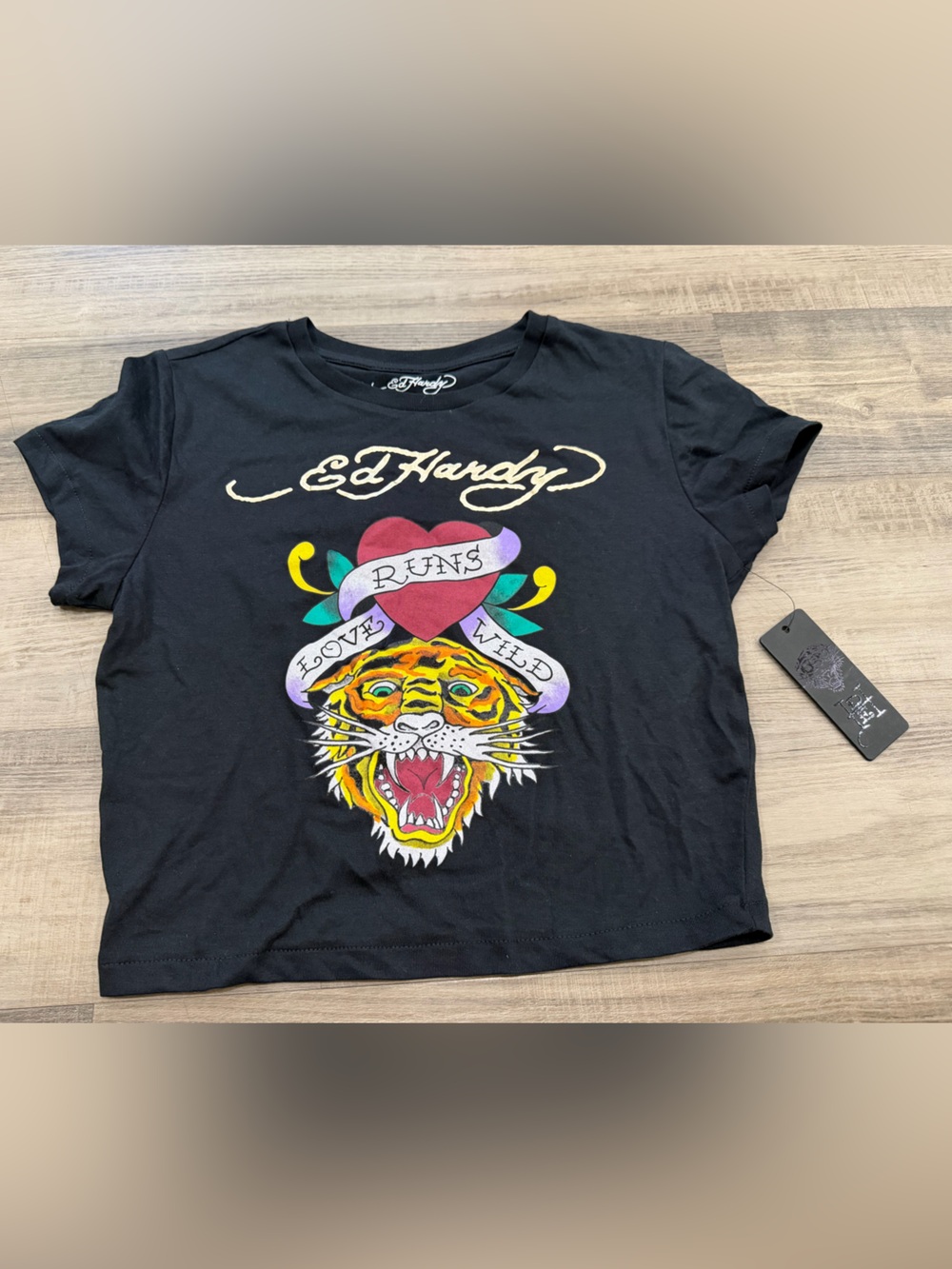 Love Runs Wild Ed Hardy Black Cropped Tee NWT